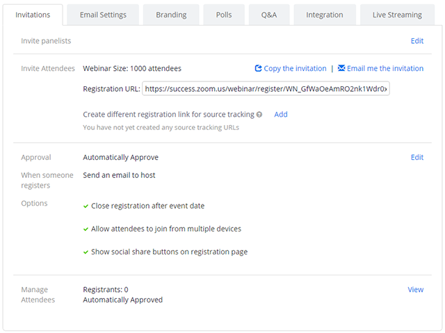 Screenshot of the "Invitations" tab on Zoom's Webinar portal