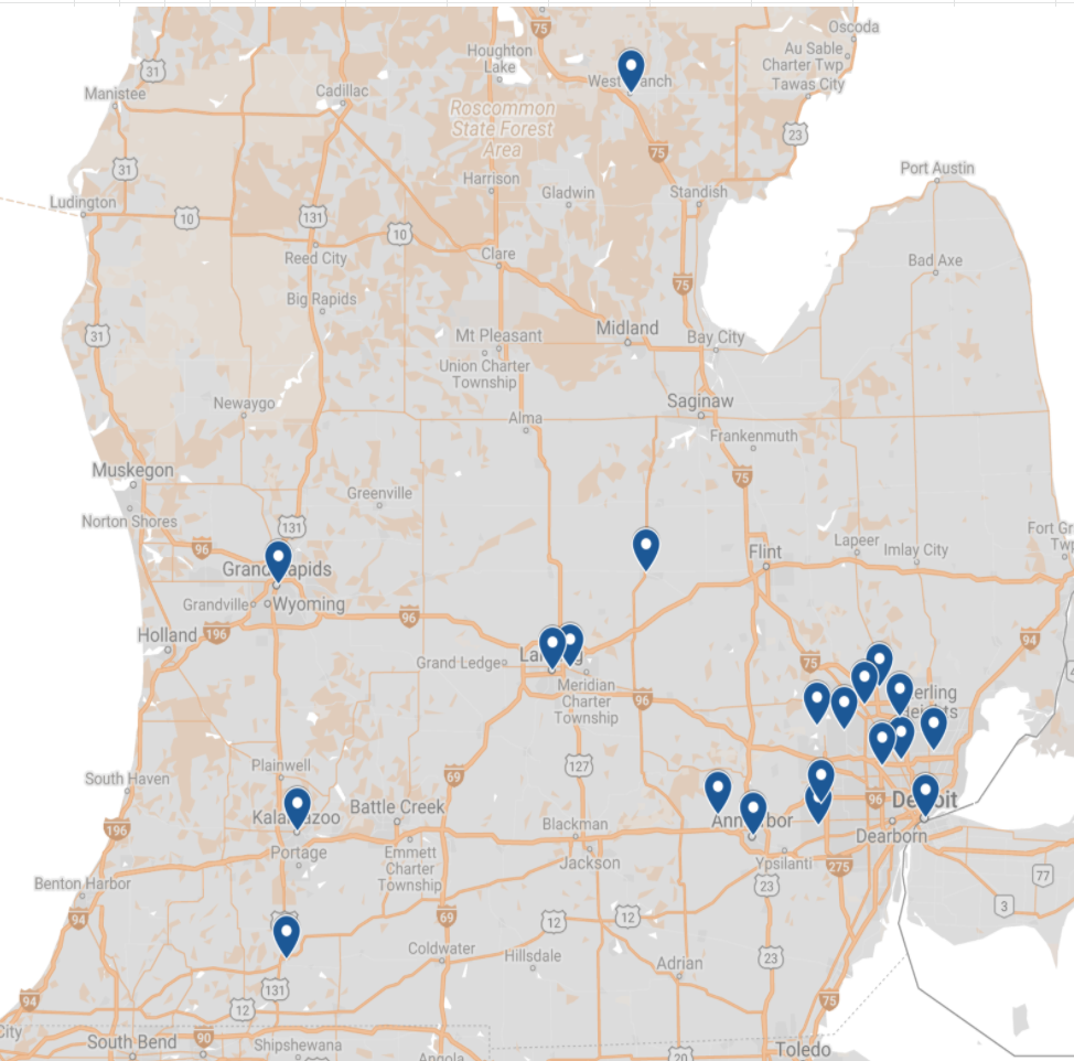 Map of Michigan with location markers on the cities that MIUXPA members are 