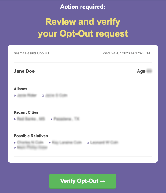 BeenVerified opt out confirmation request email