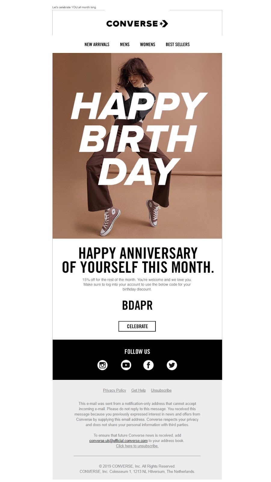 Converse birthday promotion email with a woman jumping in brown Converse sneakers
