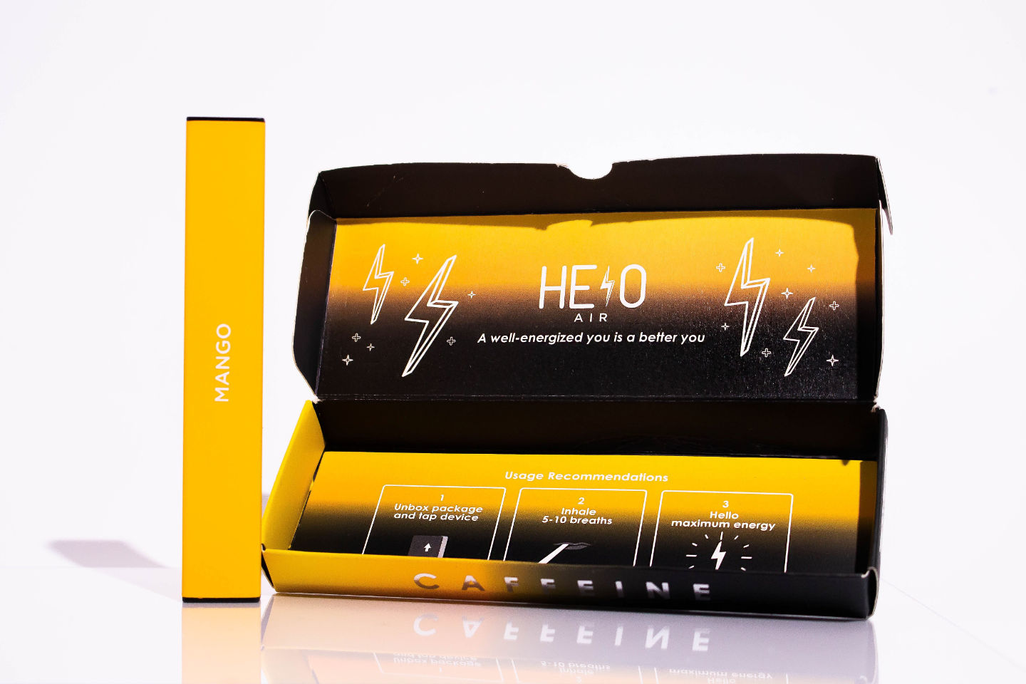 Single box of HELO Air Caffeine Diffuser in Mango flavor.
