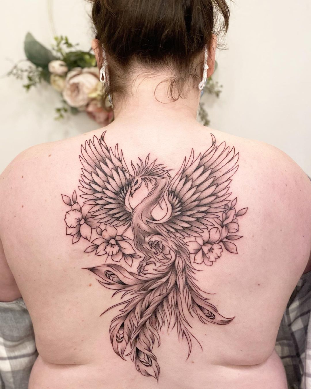 Black And Grey Phoenix Floral Tattoo