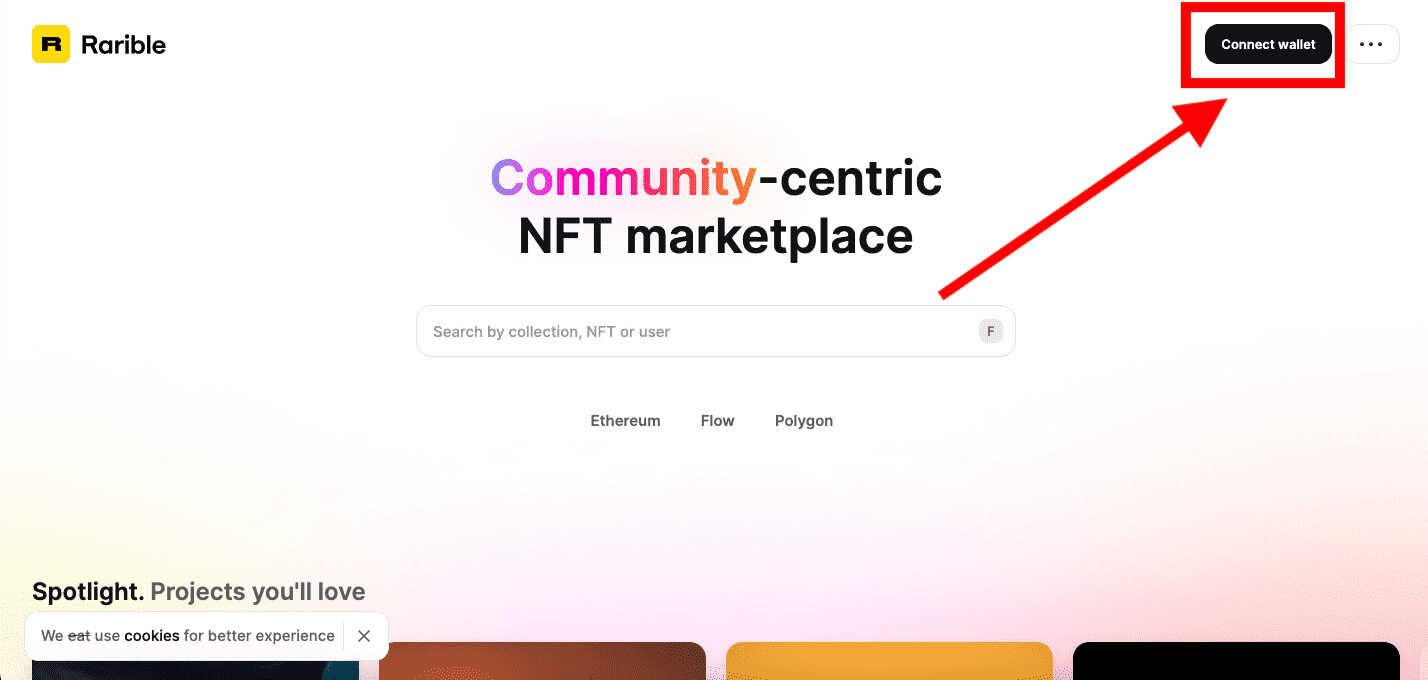 Rarible webpage showing a button to connect the MetaMask wallet