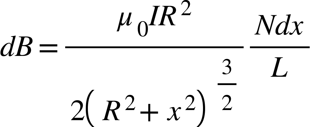 <math xmlns="http://www.w3.org/1998/Math/MathML"><mi>d</mi><mi>B</mi><mo>=</mo><mfrac><mrow><msub><mi>&#x3BC;</mi><mn>0</mn></msub><mi>I</mi><msup><mi>R</mi><mn>2</mn></msup></mrow><mrow><mn>2</mn><msup><mfenced><mrow><msup><mi>R</mi><mn>2</mn></msup><mo>+</mo><msup><mi>x</mi><mn>2</mn></msup></mrow></mfenced><mstyle displaystyle="true"><mfrac><mn>3</mn><mn>2</mn></mfrac></mstyle></msup></mrow></mfrac><mfrac><mrow><mi>N</mi><mi>d</mi><mi>x</mi></mrow><mi>L</mi></mfrac></math>