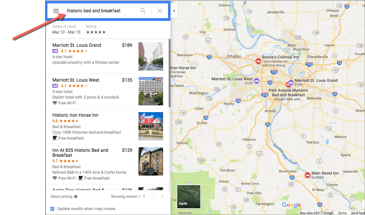 Ejemplo de búsqueda de mapas de Google
