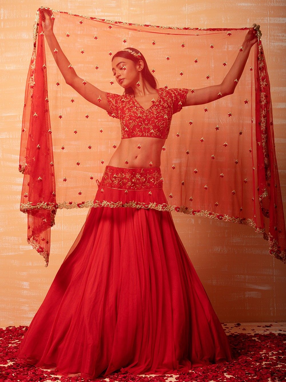 the loom - Red Hand Embroidered Net Lehenga