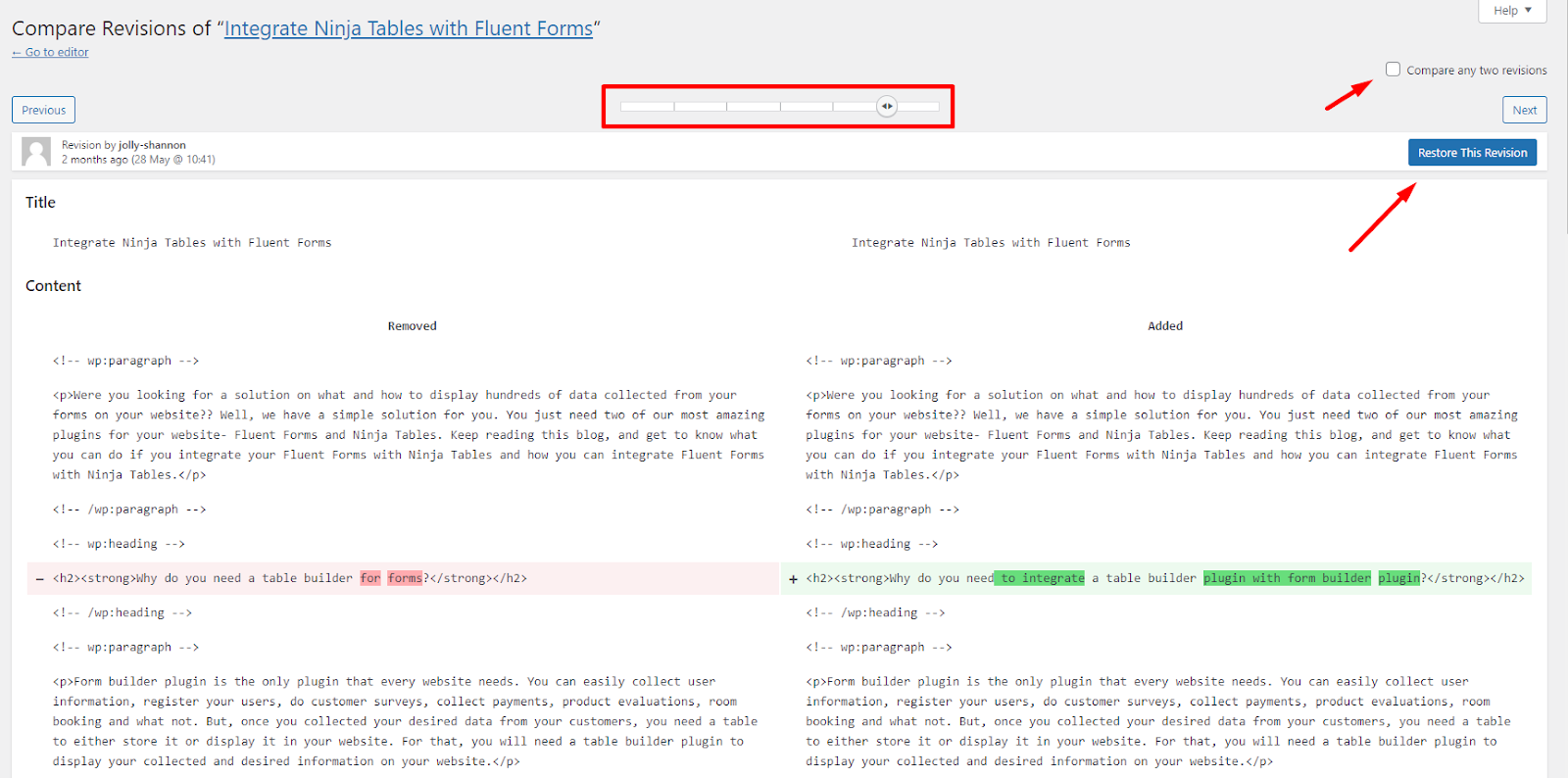 check wordpress revisions, showing wordpress revisions