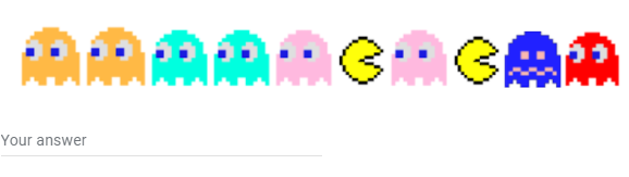 Image shows a series of pacman icons. 2 orange ghosts, 2 teal ghosts, 1 pink ghost, 1 pacman, 1 pink ghost, 1 pacman, 1 blue ghost, 1 red ghost