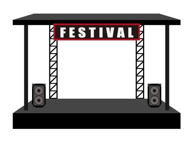 学校祭やイベントの音楽ステージの場所で使われる吊り看板のあるステージのイラスト画像