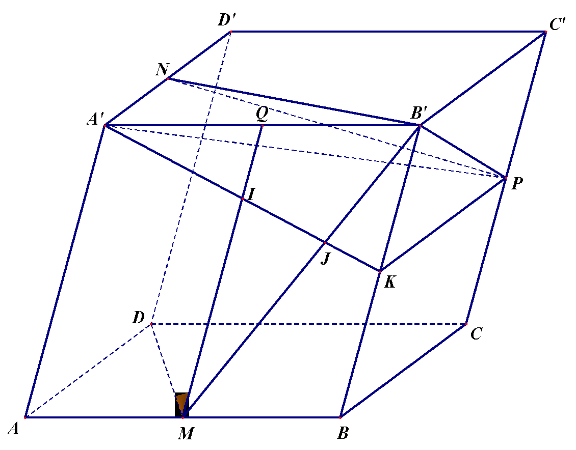 7. Cho hình hộp (ABCD.A'B'C'D') có đáy là hình thoi cạnh (a), góc (widehat {ADC} = 120^circ ), mặt bên (DCC'D') là hình chữ nhật và tạo với đáy góc (60^circ ). Gọi (M,,N,,P,,K) lần lượt là trung điểm của (AB,,A'D',,CC',,BB'). Cho biết (AA' = 2a), hãy tính thể tích khối đa diện (MNPKA').</p> 1