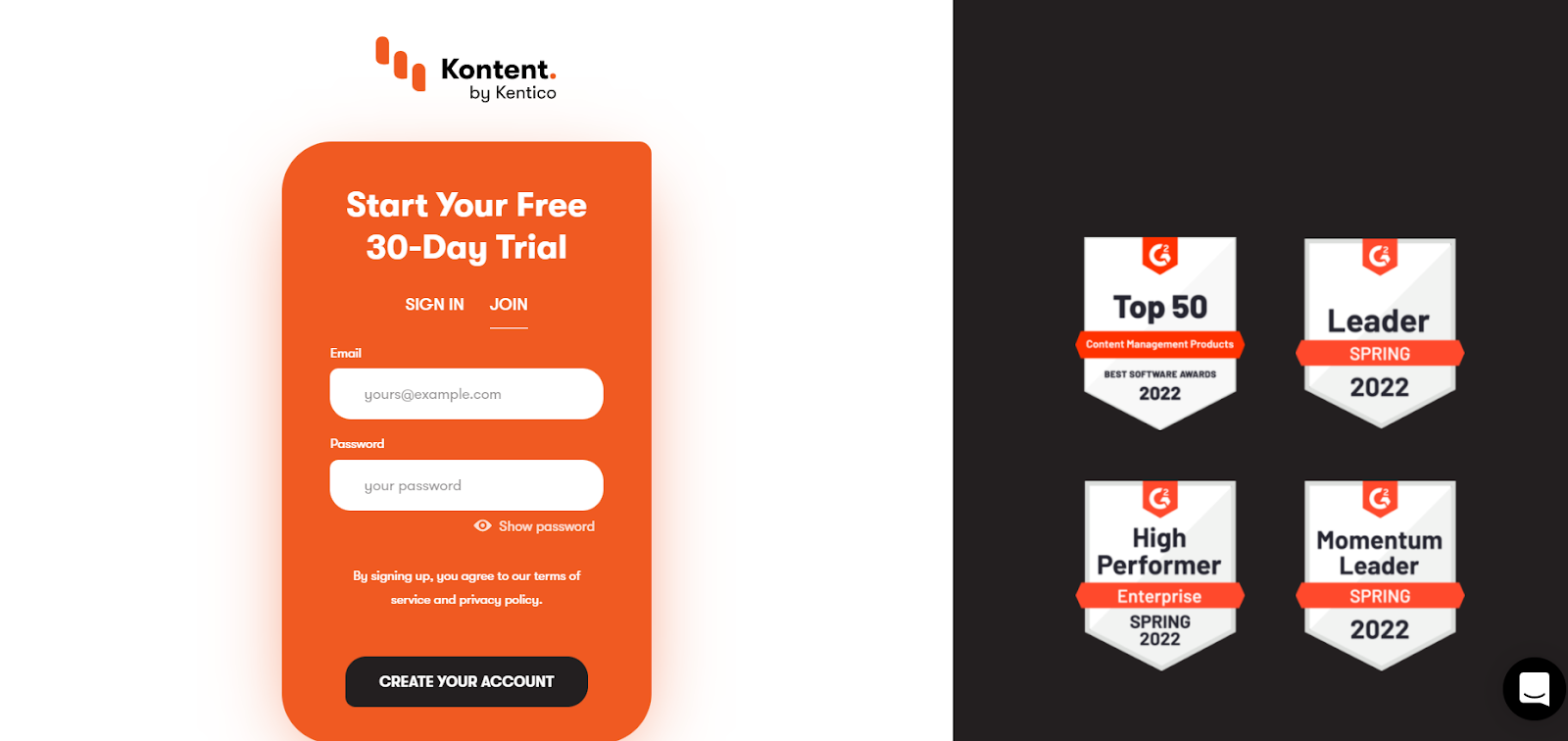 Form for Kontent headless platform trial for 30 days