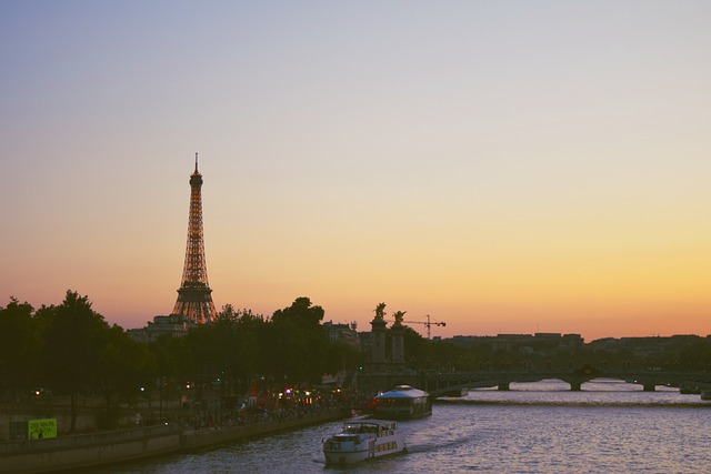 Beautiful Sunset in the Seine River with the view of Eiffel Tower 
