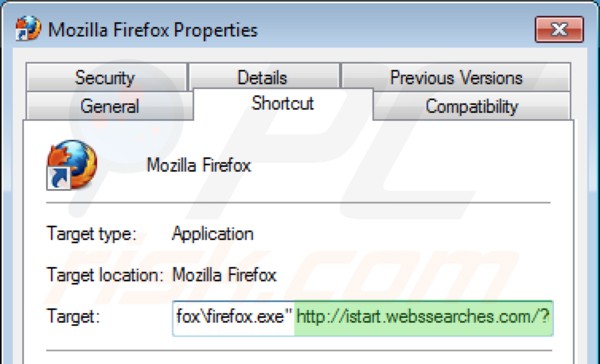 Remova vírus istart.webssearches.com do atalho do Mozilla Firefox  passo 2