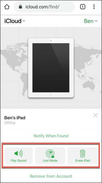 The Find iPhone service on Android, showing an iPad device