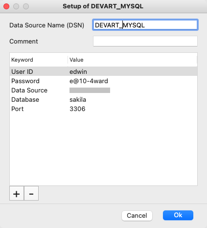 A modified DEVART_MYSQL System DSN with credentials.