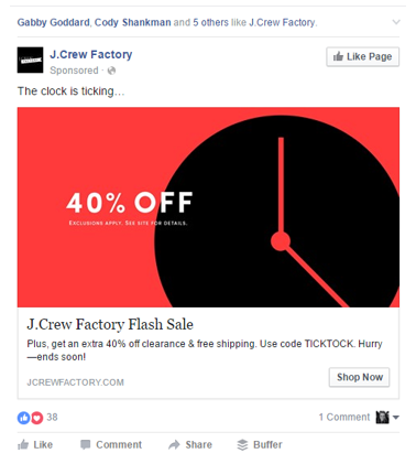 A J.Crew Factory Facebook ad displays a 40% off sale.