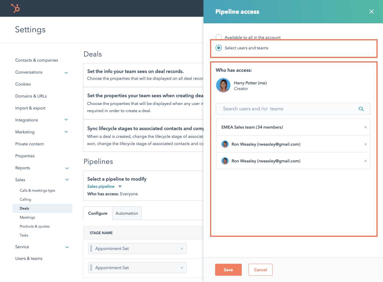 Hubspot中的管道访问权限访问权限的屏幕截图