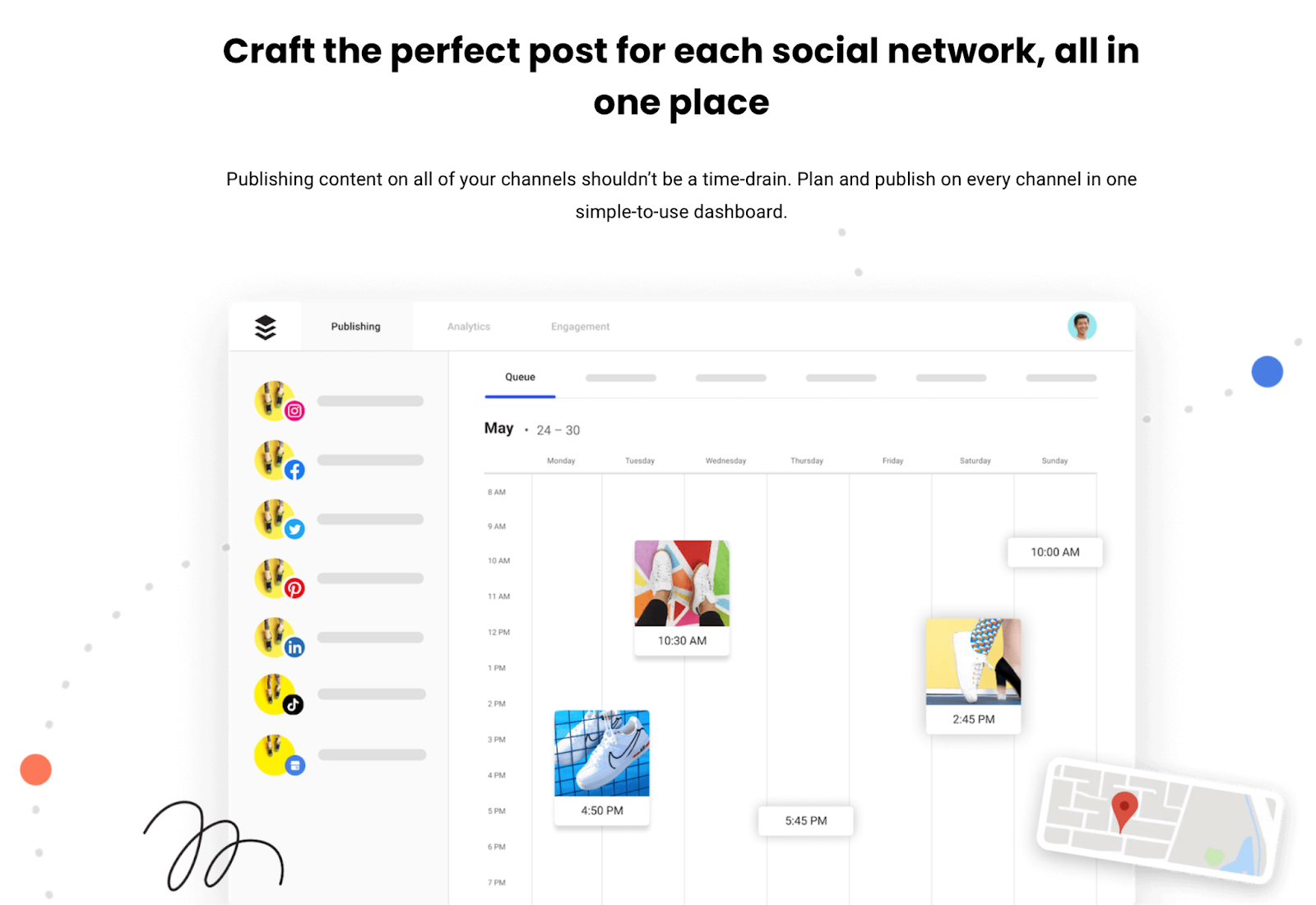 A screenshot of what users can use Buffer for. The webpage is headed by "Craft the perfect post for each social network, all in one place". An image below illustrates this "one place" and shows what the dashboard would look like.