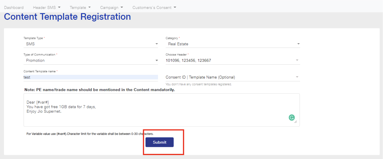 examples of content templates for SMS on Jio DLT registration | SMSCountry