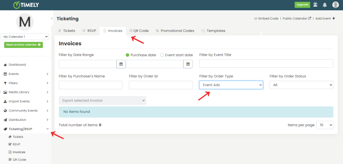 print screen of Timely event management platform invoices tab