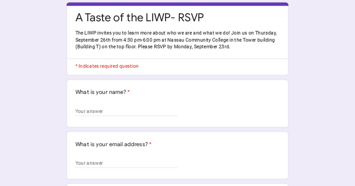 A Taste of the LIWP- RSVP