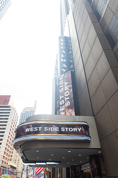 West Side Story” sign and awning advertising Broadway classic.