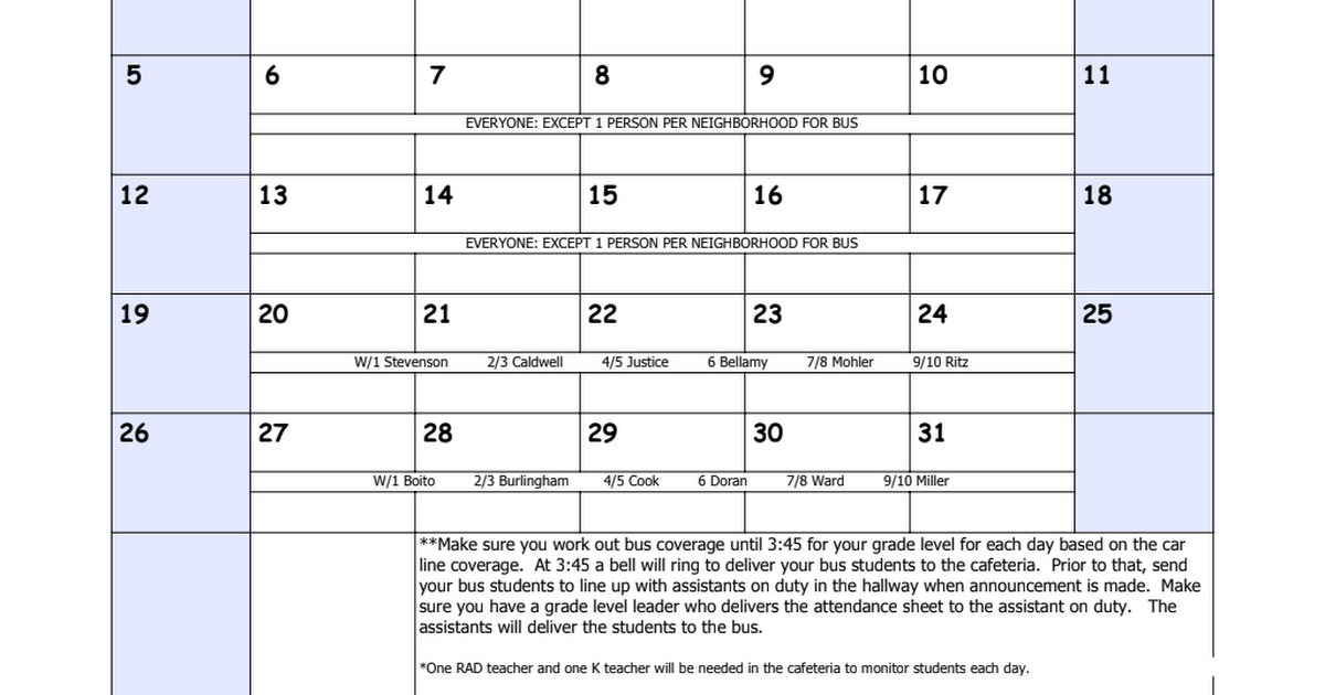 18-19 Car Duty Calendar