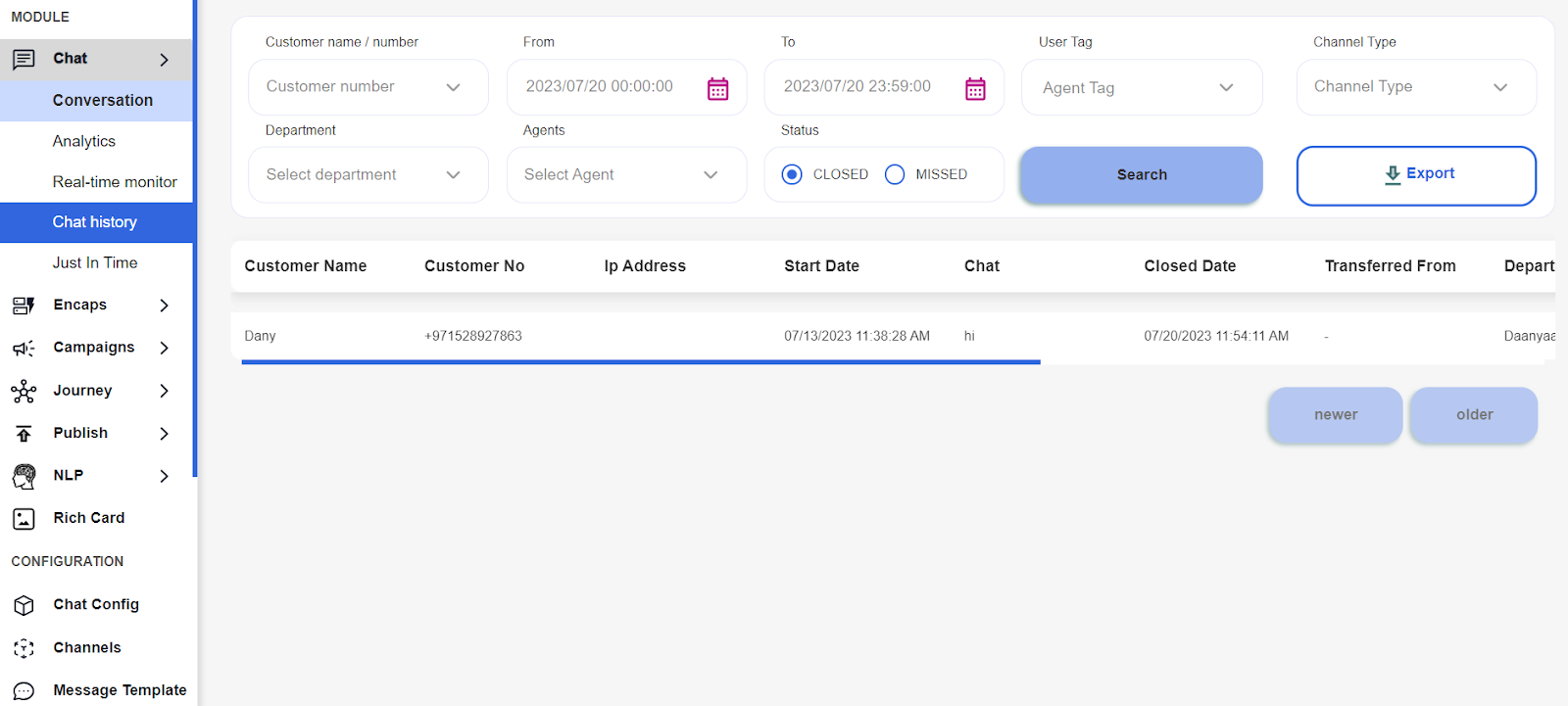 WhatsApp Bulk Message Sender | Social Connect dashboard showing chat history search function