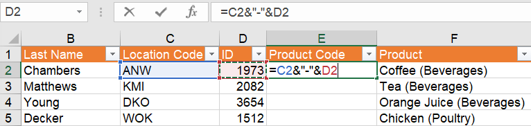 Use the ampersand operator to combine data in Excel