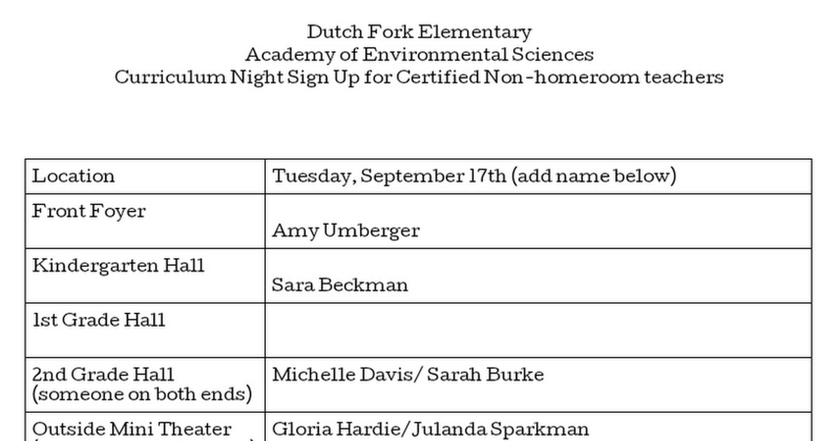 Curriculum Night 2019 Sign Up for Non-homeroom Certified staff