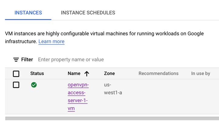 A screenshot of the Google Cloud interface showing a virtual machine instance in a list.