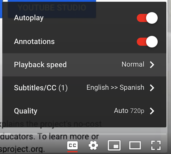 setting box on a youtube video to select closed captions or subtitles and different language