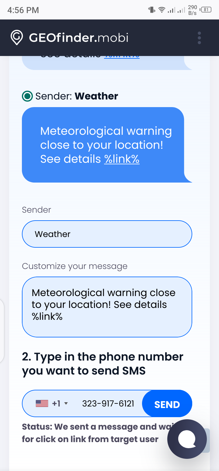 screenshot of Geofinder user sending a text message