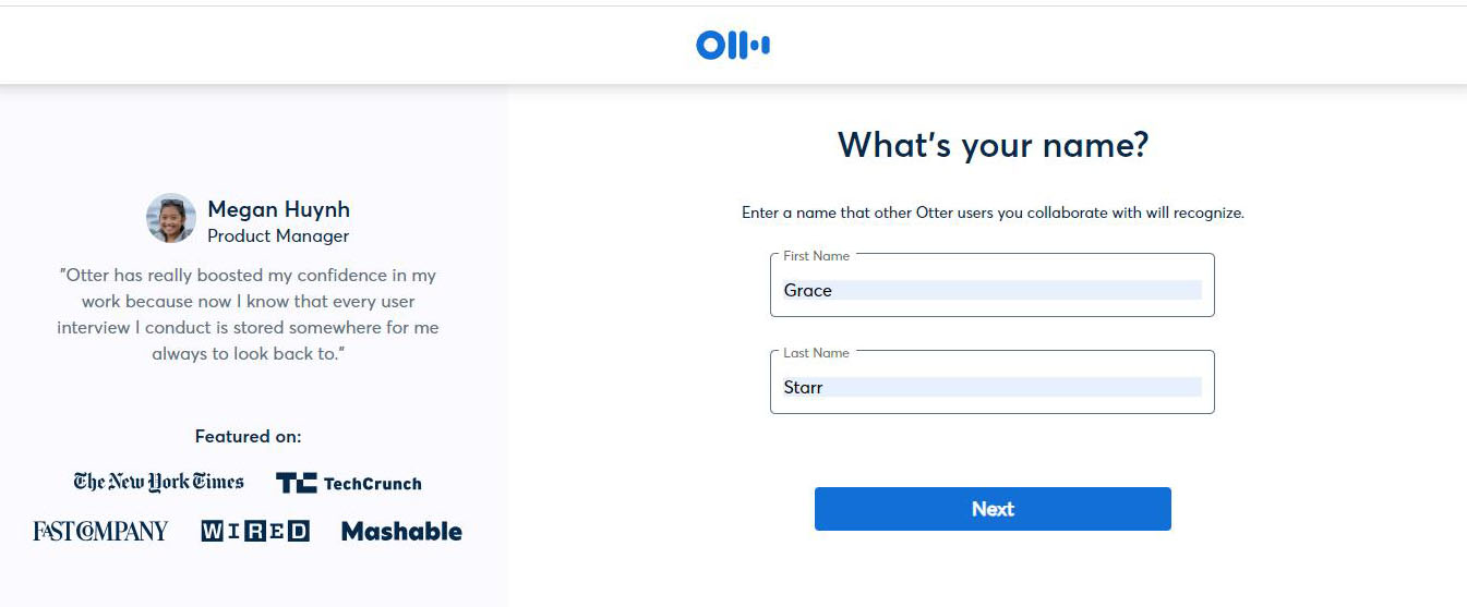 Fill in your name on otter.ai