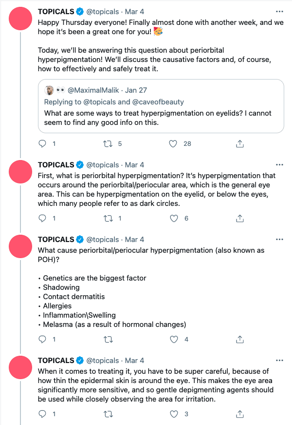 Screenshot of Topicals' Twitter Account talking about hyperpigmentation