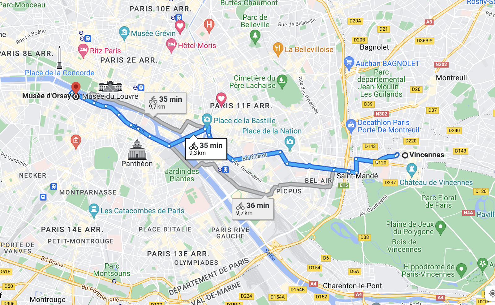 capture d’écran montrant un itinéraire dans Paris à vélo