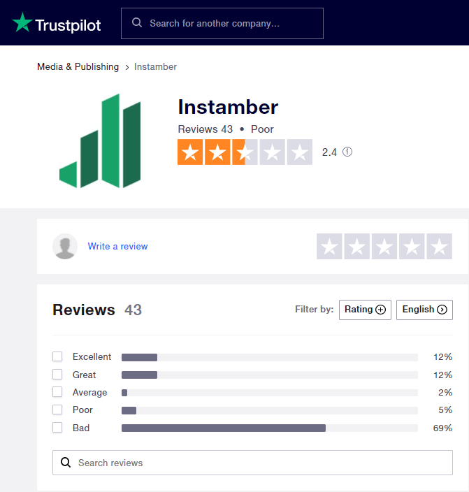 Instamber Ranking on Trustpilot