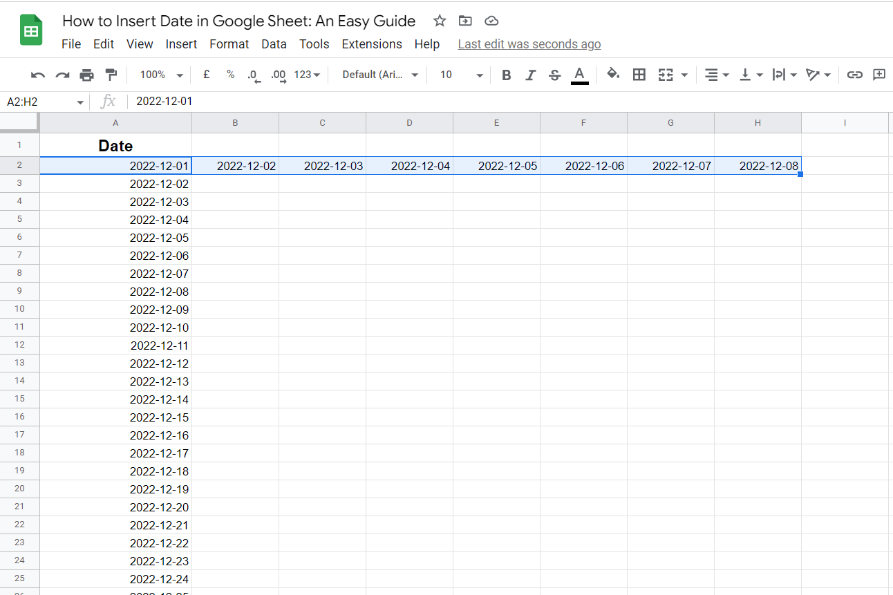 second step on how to insert date in google sheet automatically and consecutively