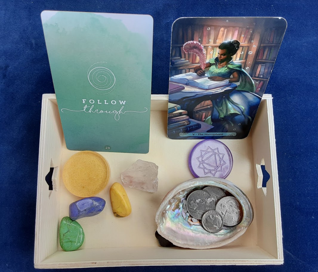 Mini 3d vision board with tarot card, oracle card, crystals, chakra stones and abalone shell.