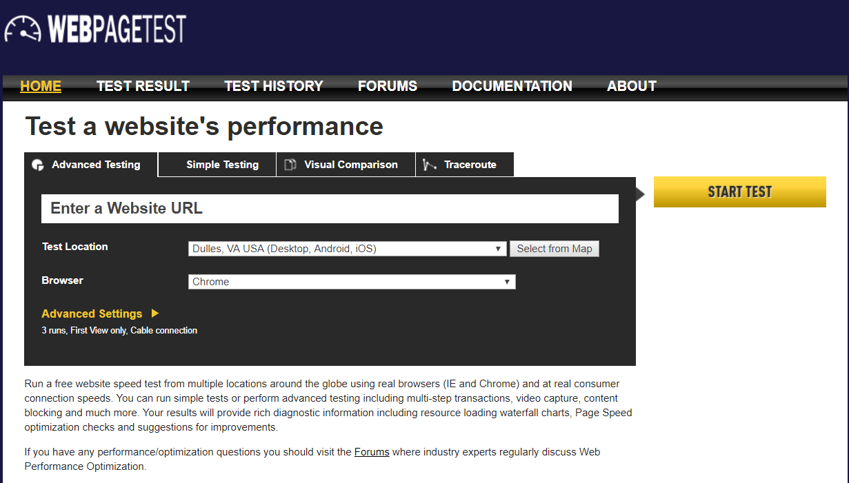 Wep page test for a website's performance