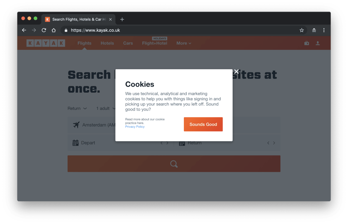 kayak cookie prompt