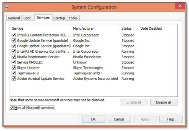 now select disable all services under system configuration