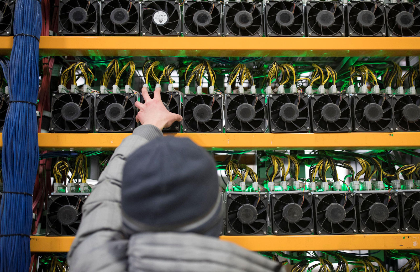 Staff member building a Bitcoin mining rig.