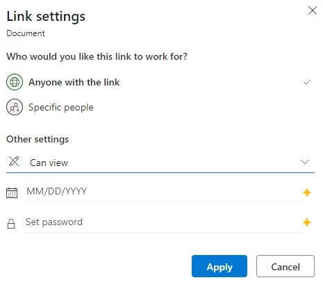 settings parameters on Microsoft office link