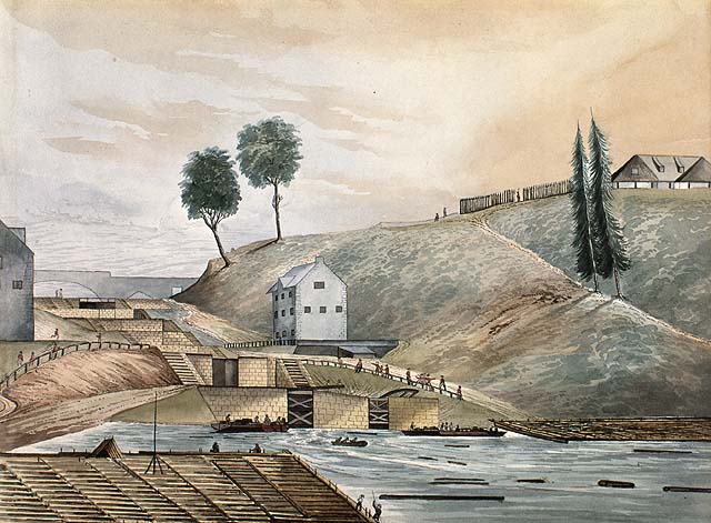 Entrance of the Rideau Canal in 1839. In 1826, eight locks were constructed by the Royal Engineers with labour from Irish and French settlers. The building in the foreground is today called the Bytown Museum. On the right is Parliament Hill at the time named "Barrack Hill".