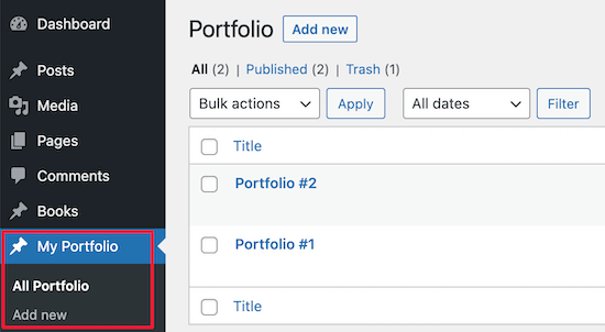 Exemplo de tipo de postagem personalizada de portfólio