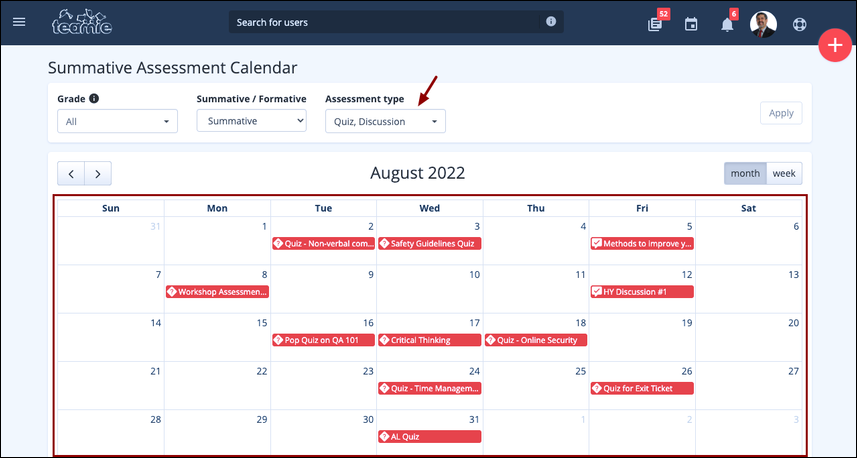 Summative Assessment Calendar filtered
