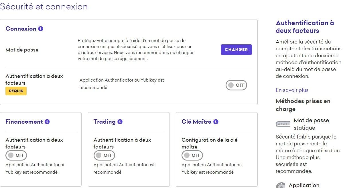 La page sécurité et connexion de la plateforme Kraken