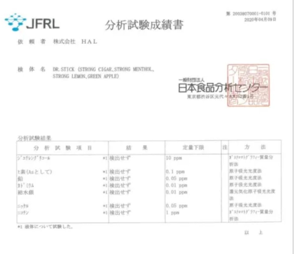 日本食品分析センターによるリキッドの成分の分析試験成績書