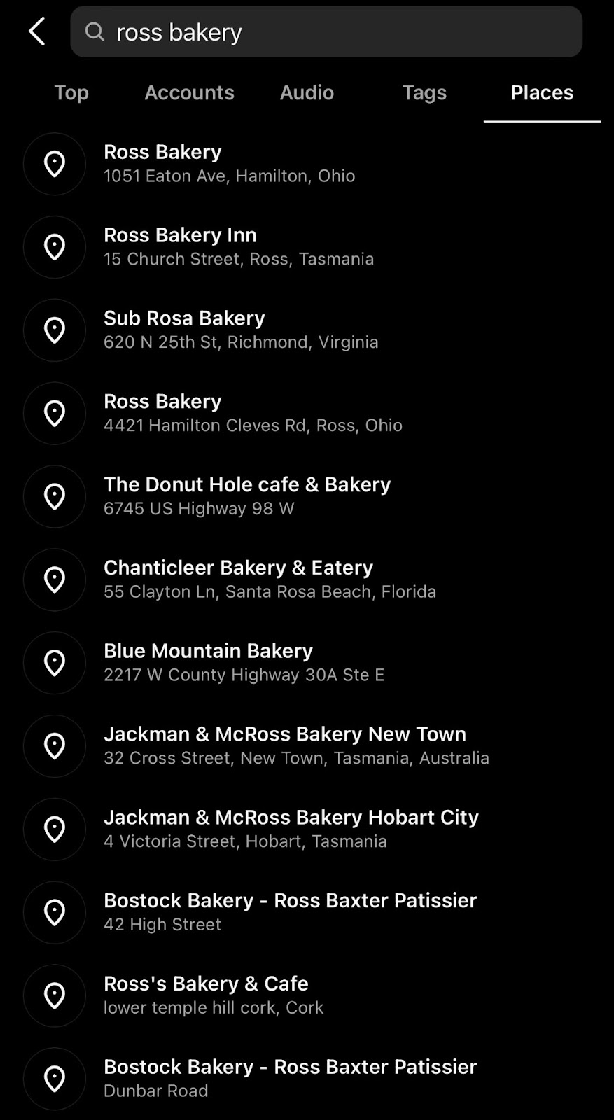 screenshot of "ross bakery" location search appearances